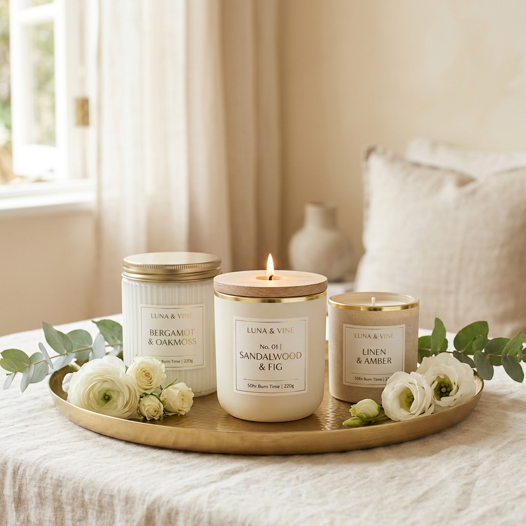 Luxury candle arrangement on a gold tray